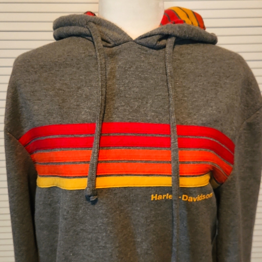 Harley Davidson Museum Hoodie Sweatshirt Gray Striped Aviator Nation Style Large